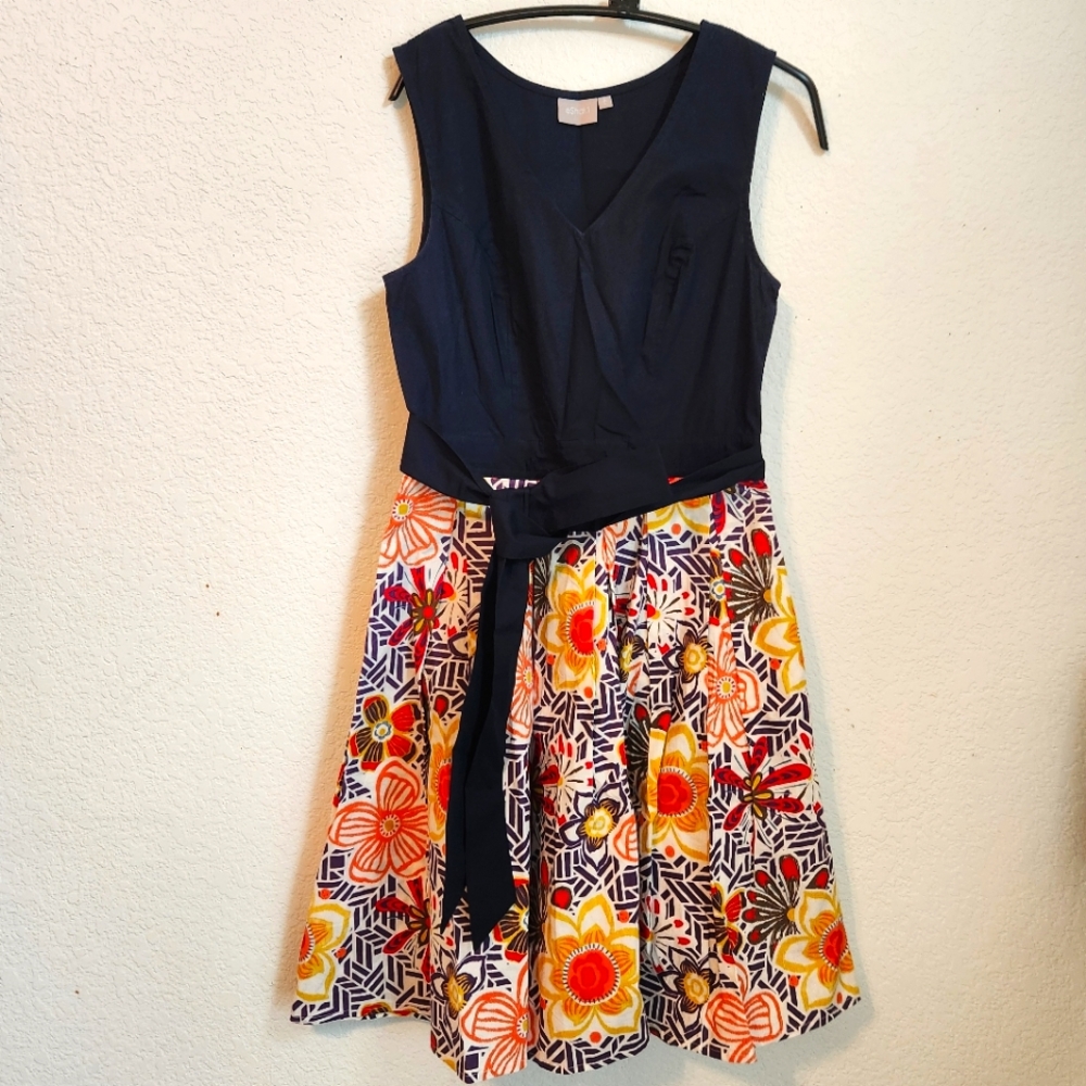 eShakti Midi Sleeveless Dress with Floral Pleated Skirt, Size 6‎